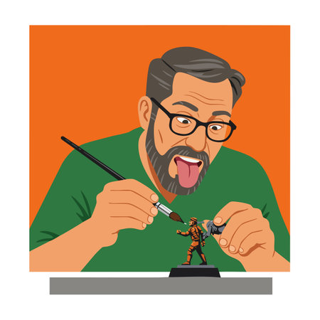 A man with glasses paints a miniature figure with precision and focus, set against an orange...