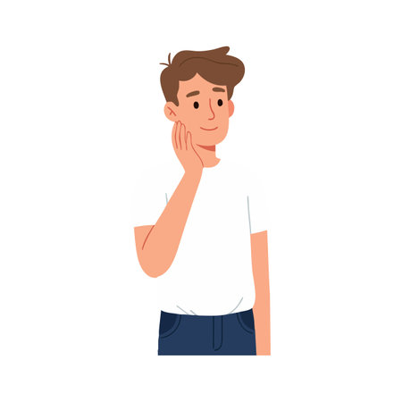 Illustration shows a young man in a white t-shirt and blue pants touching his face with a thoughtful expression, calm mood.のイラスト素材