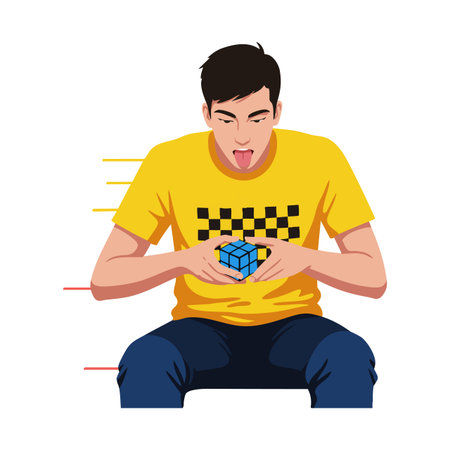The illustration shows a young man intensely solving a Rubiks Cube quickly, wearing a yellow shirt and dark pants, dynamic and focused mood.のイラスト素材