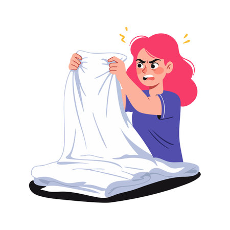 Illustration shows an angry woman with pink hair folding a white bedsheet, expressing frustration with chores, in a clean cartoon style. Calm mood.のイラスト素材