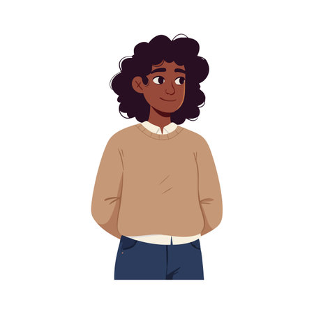 Illustration shows a young person with curly hair in a brown sweater and blue jeans, standing casually with hands behind back, calm mood.のイラスト素材