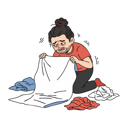 Man with bun hairstyle folds laundry surrounded by clothes, showing fatigue and discomfort in a simple, clean vector style. Tired mood.のイラスト素材