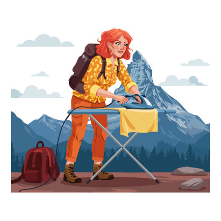 Woman with red hair irons clothes on an ironing board outdoors with mountain landscape in the background, creating a unique adventurous scene. Calm mood.のイラスト素材