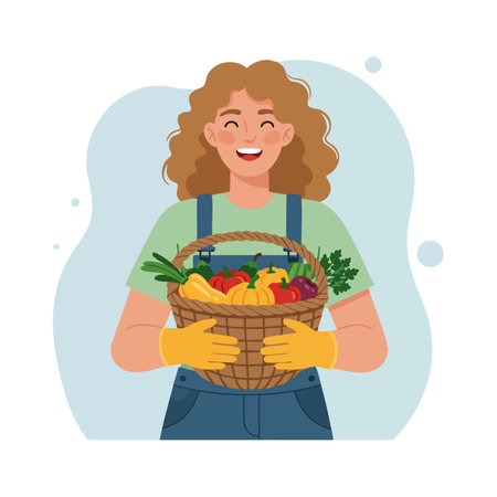 Smiling woman wears gloves and holds a basket filled with colorful fresh vegetables and leafy greens in a garden setting, cheerful mood.のイラスト素材