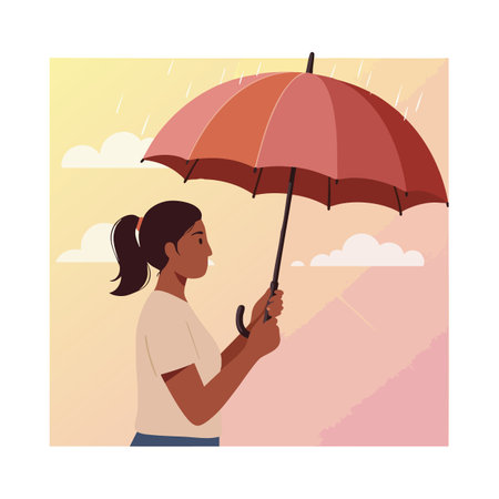 Illustration shows a woman holding a red umbrella in rainy weather with a soft sunset background, creating a calm and peaceful mood.のイラスト素材