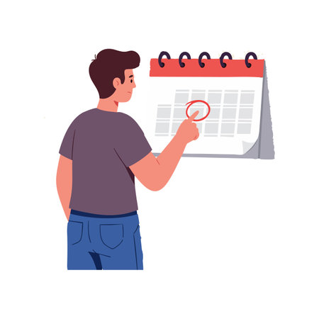 Illustration shows a man pointing at a date on a desktop calendar highlighting planning and organization mood.のイラスト素材
