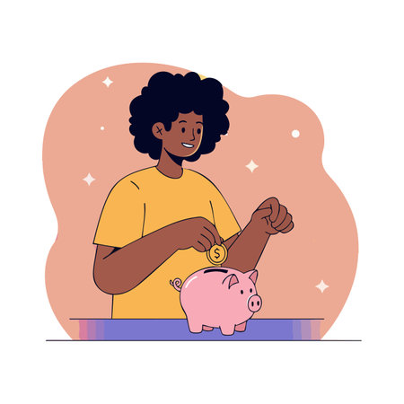 Young woman places coin into pink piggy bank with cheerful expression and orange background, symbolizing saving and finance in a calm mood.のイラスト素材