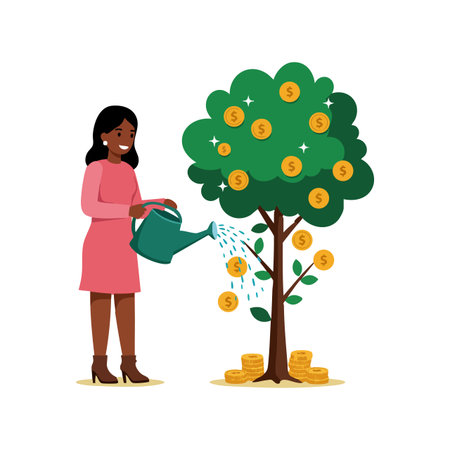 Woman in pink dress waters a money tree with golden coins and dollar symbols, symbolizing financial growth and prosperity, cheerful mood.のイラスト素材