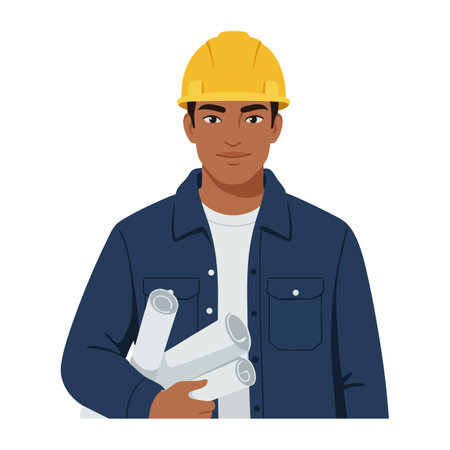 Illustration shows construction worker holding blueprints, wearing yellow hard hat and navy jacket, facing forward with confident expression, professional mood.のイラスト素材