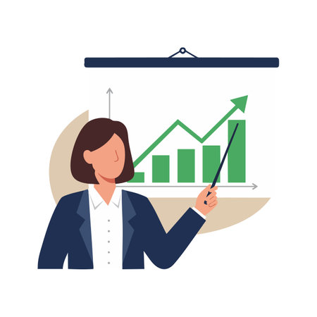 Female business professional points at rising green bar chart on screen, demonstrating positive growth and success in a clean, modern style. Calm mood.のイラスト素材