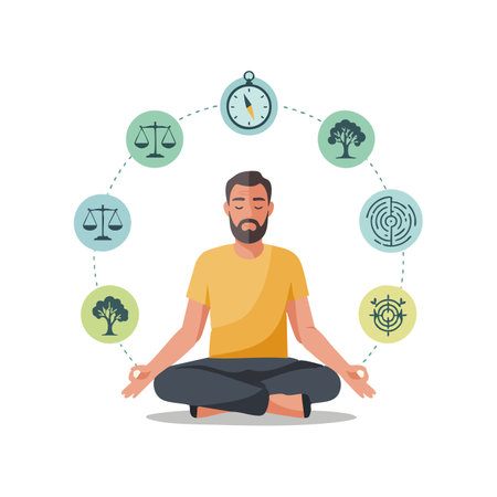 Illustration shows a man meditating with mindfulness icons symbolizing balance, focus, and nature in a calm, peaceful atmosphere. Relaxing mood.のイラスト素材