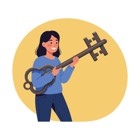 Illustration of a woman holding a large vintage key, smiling confidently against a yellow background, conveying positivity and opportunity. Cheerful mood.のイラスト素材
