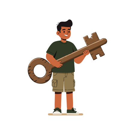 Illustration of a boy holding a large wooden key with a smiling face, wearing casual clothes, standing confidently on a white background, cheerful mood.のイラスト素材
