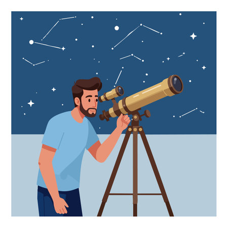 Man looks through a telescope at starry night sky with constellations, exploring astronomy and space observation under calm atmosphere.のイラスト素材