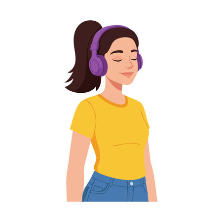 Illustration shows a young woman wearing purple headphones listening to music wearing a yellow shirt and blue jeans peaceful mood.のイラスト素材