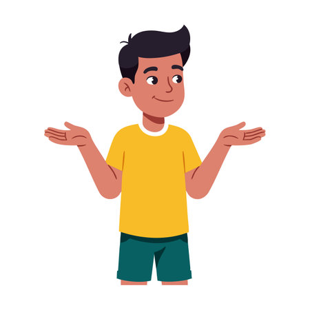 Illustration shows a boy wearing a yellow t-shirt and green shorts shrugging with open palms, expressing uncertainty in a casual stance. Cheerful mood.のイラスト素材