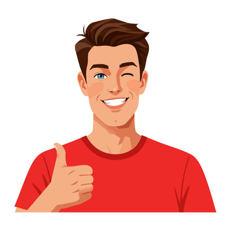 Illustration shows a young man smiling, winking, and giving a thumbs up, expressing positivity and friendliness in a cheerful mood.のイラスト素材
