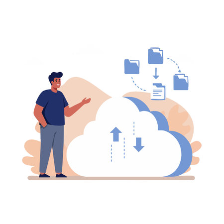 Illustration shows man standing next to cloud with files transferring up and down, symbolizing data...