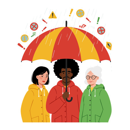 Diverse group of people stands under red and yellow umbrella protecting from rain and warning symbols with calm mood.のイラスト素材