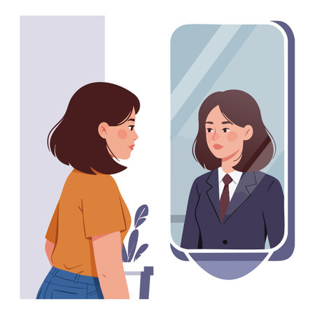 A woman with brown hair and casual clothes gazes thoughtfully at her reflection in a vertical mirror, showing introspection and calm mood.のイラスト素材