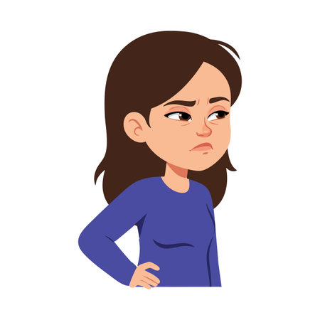 Illustration shows an unhappy woman with long brown hair wearing a blue shirt, expressing displeasure with crossed arms, in a simple vector style. Calm mood.のイラスト素材