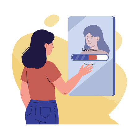 Woman touches a large screen with a loading progress bar and her reflection, illustrating digital interaction and user experience, calm mood.のイラスト素材