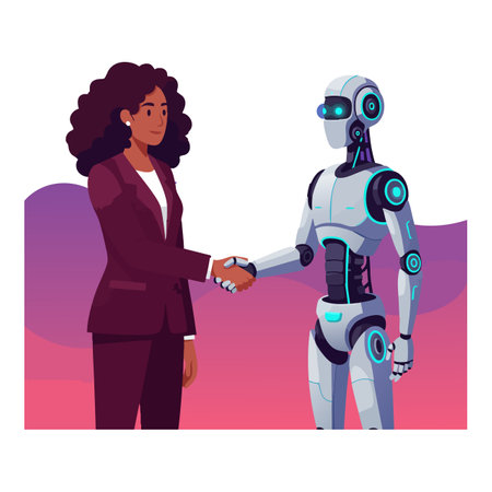Woman in purple suit shakes hands with a futuristic robot, symbolizing technology partnership and cooperation in a digital future mood.のイラスト素材