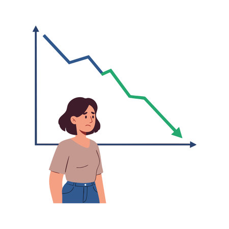 Illustration shows a sad woman with a downward trending graph behind her representing loss or decline, conveying a somber and reflective mood.のイラスト素材
