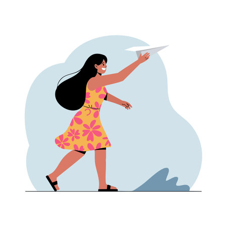Illustration shows woman in pink flower dress throwing paper airplane outdoors with blue background, conveying playful and carefree mood.のイラスト素材