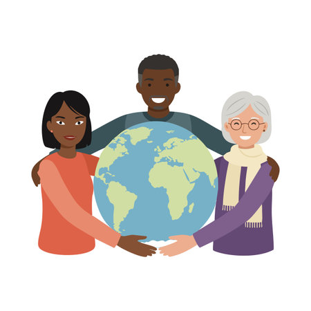 Three people of different ages and ethnicities hold a globe together representing global unity and environmental protection in a friendly scene.のイラスト素材