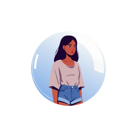 Illustration shows a young woman standing inside a transparent bubble with soft lighting, creating a...