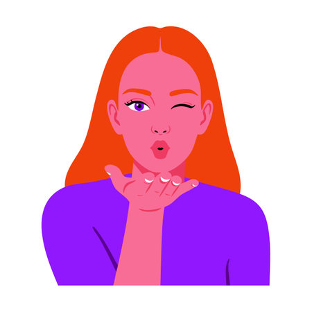 Illustration of a woman with red hair wearing a purple shirt blowing a kiss in portrait orientation, expressing playful and affectionate mood.のイラスト素材
