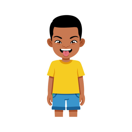 A boy wearing a yellow t-shirt and blue shorts sticks out his tongue with a playful expression. The style is simple and cheerful.のイラスト素材