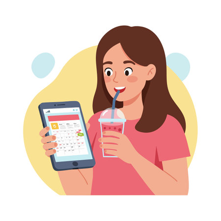 Woman holds a tablet while drinking a pink smoothie through a straw, blending technology with relaxation in a casual setting. Cheerful mood.のイラスト素材