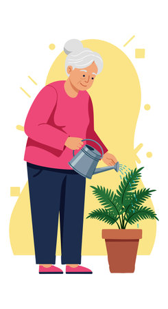 Illustration shows elderly woman watering a vibrant green houseplant in a pot using a gray watering can, creating a calm and peaceful mood.のイラスト素材