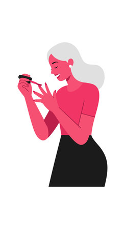 Woman applies nail polish carefully with brush in a portrait orientation vector illustration. The mood is focused and calm.のイラスト素材