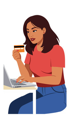 Woman in casual wear uses credit card to shop online on laptop, focused on screen in modern digital environment, calm mood.のイラスト素材
