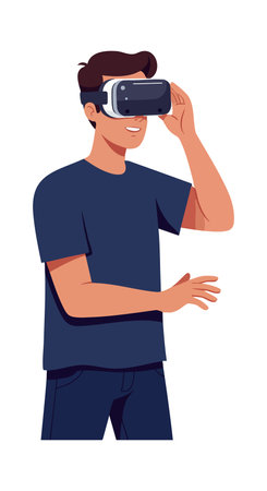 Illustration shows a young man using a VR headset, engaging with virtual reality technology indoors, creating an immersive experience. Calm mood.のイラスト素材