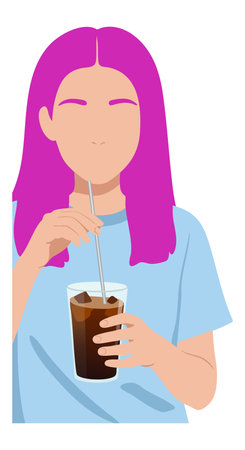 Vector illustration of a woman with purple hair sipping soda through a straw wearing a light blue shirt in a relaxed mood.のイラスト素材