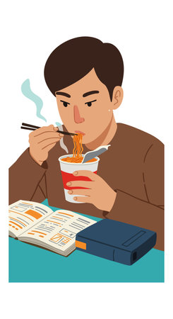 Young man eats steaming instant noodles using chopsticks while studying and referencing book, creating a focused and calm atmosphere.のイラスト素材