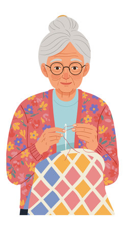 Illustration shows an elderly woman knitting a multicolored blanket wearing a floral cardigan and glasses in a calm, cozy atmosphere.のイラスト素材