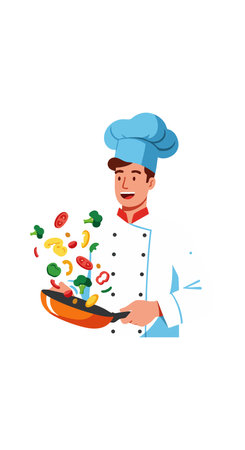 Illustration shows a chef tossing various colorful vegetables in a skillet, capturing a lively cooking moment with bright colors and dynamic motion. Energetic.のイラスト素材