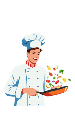 Illustration shows a male chef tossing colorful vegetables in a frying pan with a smile, depicting cooking and culinary skills, cheerful mood.のイラスト素材