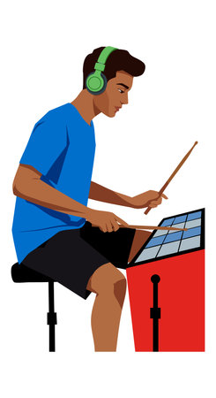 Young man sits on a stool playing an electronic drum set wearing headphones and casual clothes in a focused mood.のイラスト素材