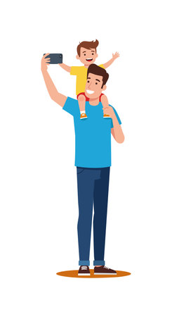 Vector illustration shows father carrying son on shoulders while taking selfie with smartphone in portrait orientation, joyful and playful mood.のイラスト素材