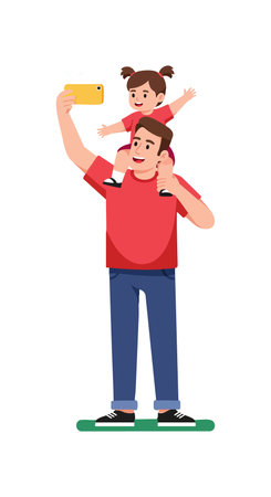 Father holds smartphone to take selfie while daughter sits on his shoulders smiling and waving happily in portrait orientation. Cheerful mood.のイラスト素材