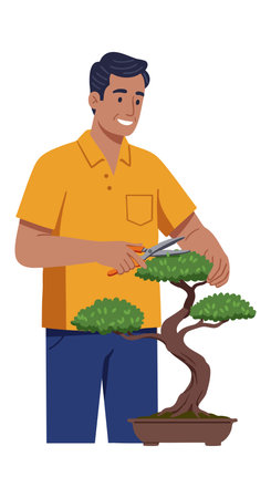 Man carefully trims a bonsai tree in a pot, focusing on detailed cultivation and care, creating a calm and focused atmosphere.のイラスト素材