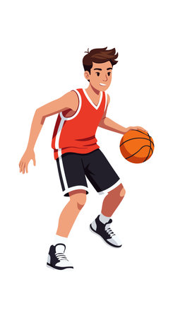 Illustration of a young male basketball player dribbling an orange ball in sporty outfit with focused expression, dynamic and energetic mood.のイラスト素材