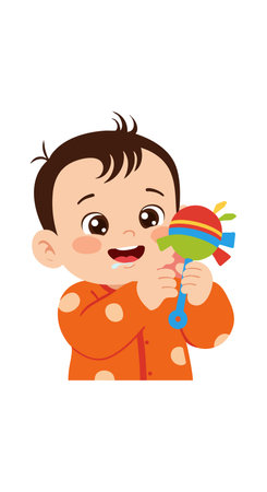 A cheerful baby in an orange outfit plays with a brightly colored rattle toy, creating a joyful and lively atmosphere.のイラスト素材