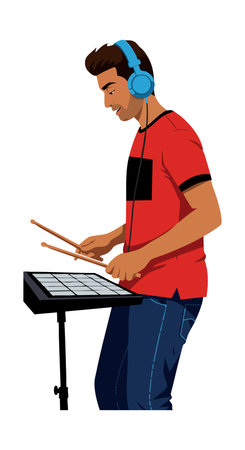 Young man plays an electronic drum pad wearing headphones and casual clothes in a portrait orientation, creating a focused and dynamic mood.のイラスト素材